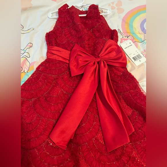 NWT Rare Editions Girl’s Red Sleeveless Lace Holiday Christmas Dress Bow Size 8 - Picture 4 of 8
